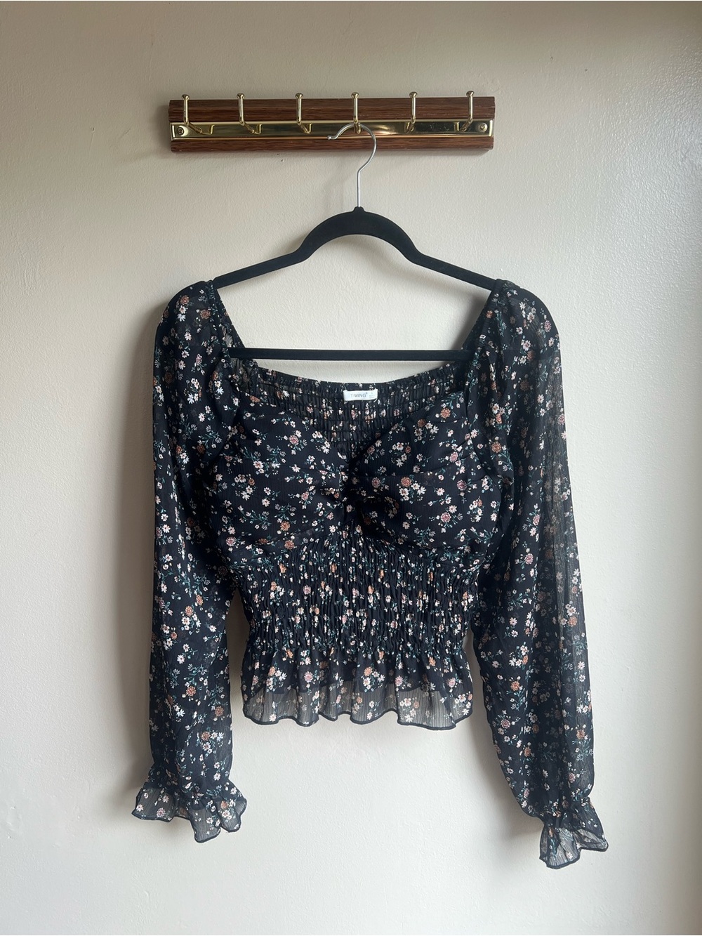 Timing Black Floral Smocked Milkmaid Peasant Blouse